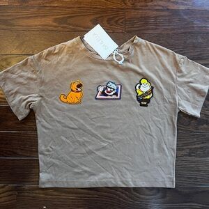 Women’s Brown Graphic Crop T-Shirt with Customized Disney UP Patches Size XS